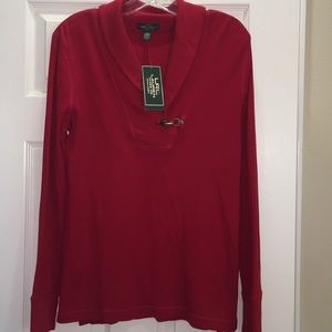Bright red Lauren Jeans thermal weave sweater.